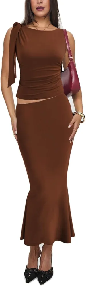 2 Piece Sets for Women Y2k Going Out Ruffle Trim Ruched Tank Top And High Waist Maxi Long Skirt Set Club Dress