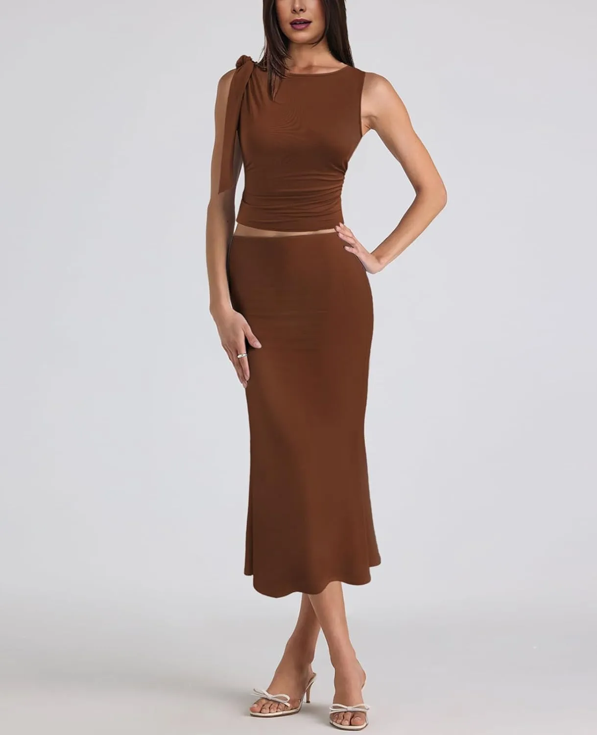2 Piece Sets for Women Y2k Going Out Ruffle Trim Ruched Tank Top And High Waist Maxi Long Skirt Set Club Dress