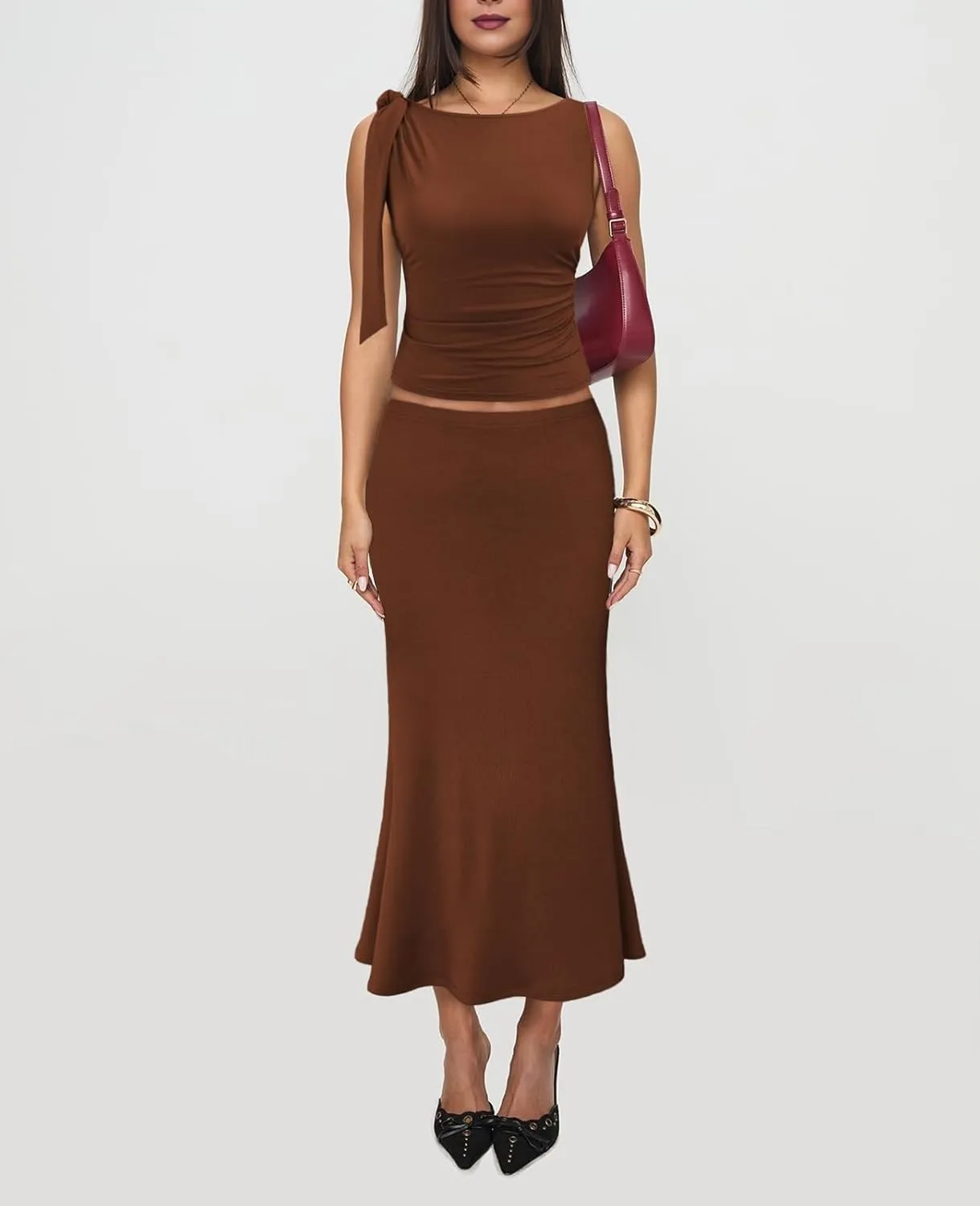 2 Piece Sets for Women Y2k Going Out Ruffle Trim Ruched Tank Top And High Waist Maxi Long Skirt Set Club Dress