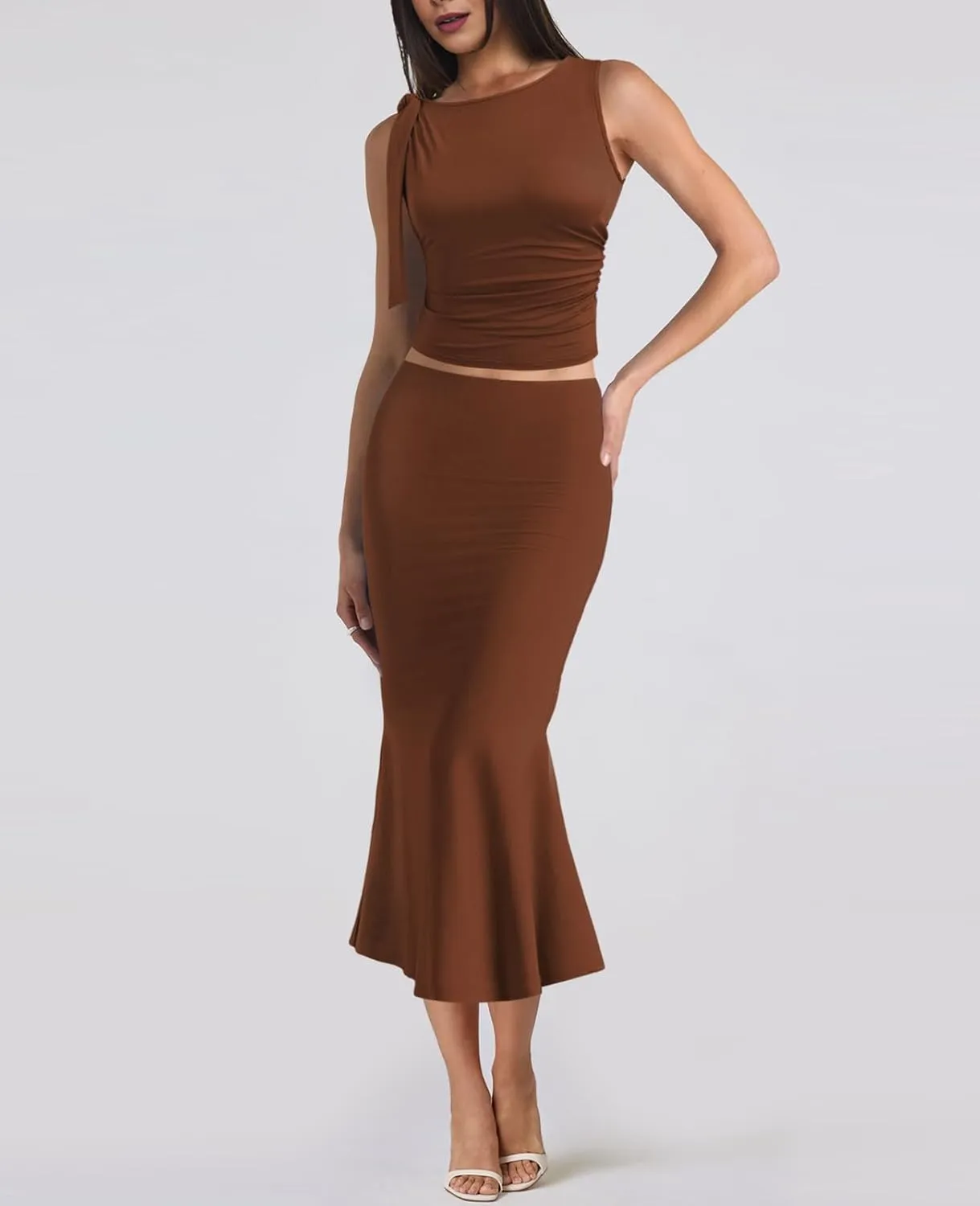 2 Piece Sets for Women Y2k Going Out Ruffle Trim Ruched Tank Top And High Waist Maxi Long Skirt Set Club Dress