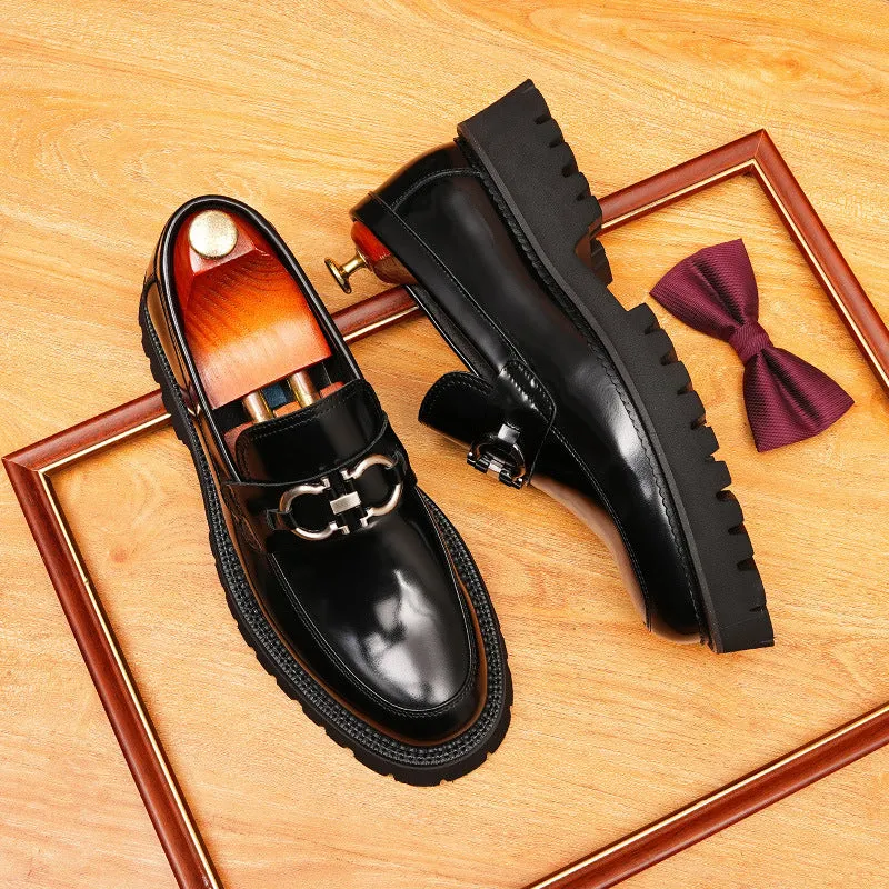 2025 Casual leather shoes men's genuine leather British soft leather business dress pointed one-pedal loafers thick-soled glossy heightening shoes