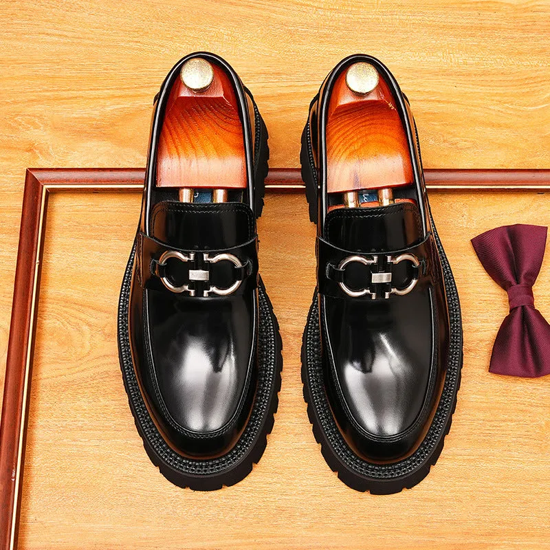 2025 Casual leather shoes men's genuine leather British soft leather business dress pointed one-pedal loafers thick-soled glossy heightening shoes