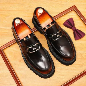 2025 Casual leather shoes men's genuine leather British soft leather business dress pointed one-pedal loafers thick-soled glossy heightening shoes