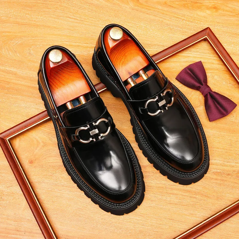 2025 Casual leather shoes men's genuine leather British soft leather business dress pointed one-pedal loafers thick-soled glossy heightening shoes