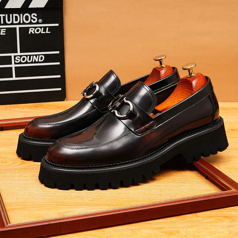 2025 Casual leather shoes men's genuine leather British soft leather business dress pointed one-pedal loafers thick-soled glossy heightening shoes