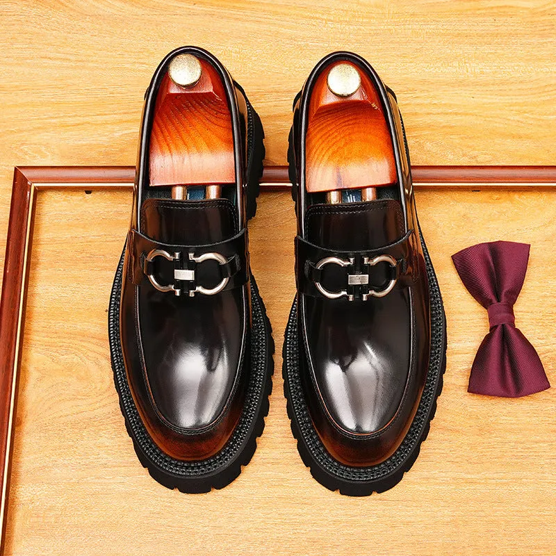 2025 Casual leather shoes men's genuine leather British soft leather business dress pointed one-pedal loafers thick-soled glossy heightening shoes