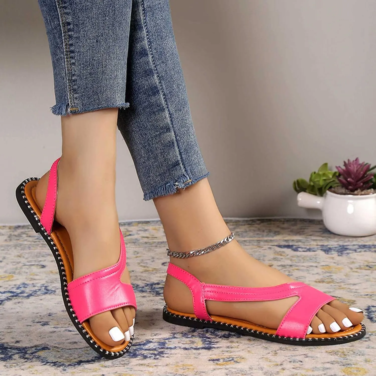 2025 Women's Trendy Sandals with Slingback Summer Open Toe Flats Comfortable Walking Footwear for Casual Style
