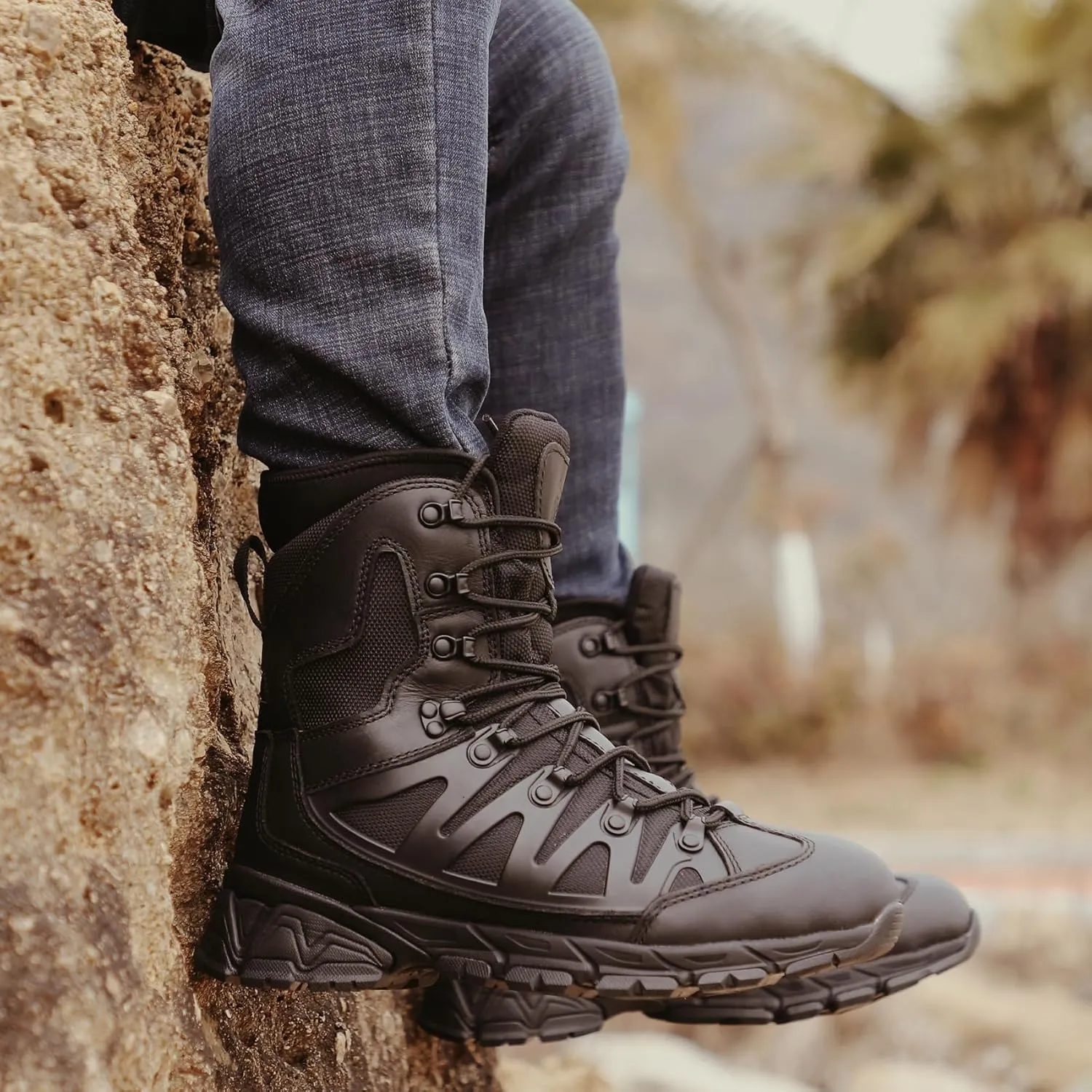 8" Waterproof Men's Military Tactical Work Boots, Hiking Motorcycle Combat Slip/Oil Resistant Boots with YKK Side Zipper