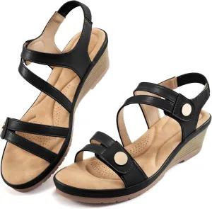 Ablanczoom Wedge Sandals for Women Dressy: Comfortable Elastic Ankle Strap Summer Causal Walking Low Platform Sandal