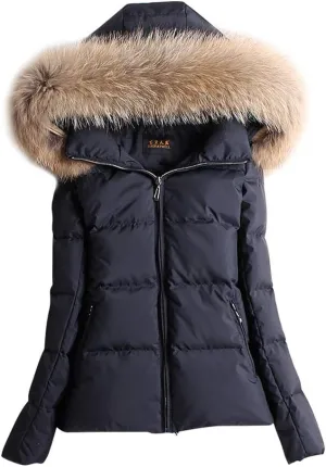 ACE SHOCK Women's Down Coats with Fur Hood Warm Short Puffer Jacket Slim Fit Winter Parka
