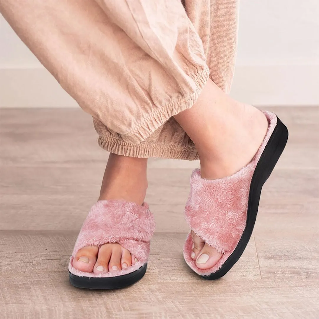 AEROTHOTIC Soft Fuzzy Slippers Outdoor and Indoor with Non-Slip Sole Stylish Straps Comfortable Womens Slippers Open Toe Home Travel Vacation Wear