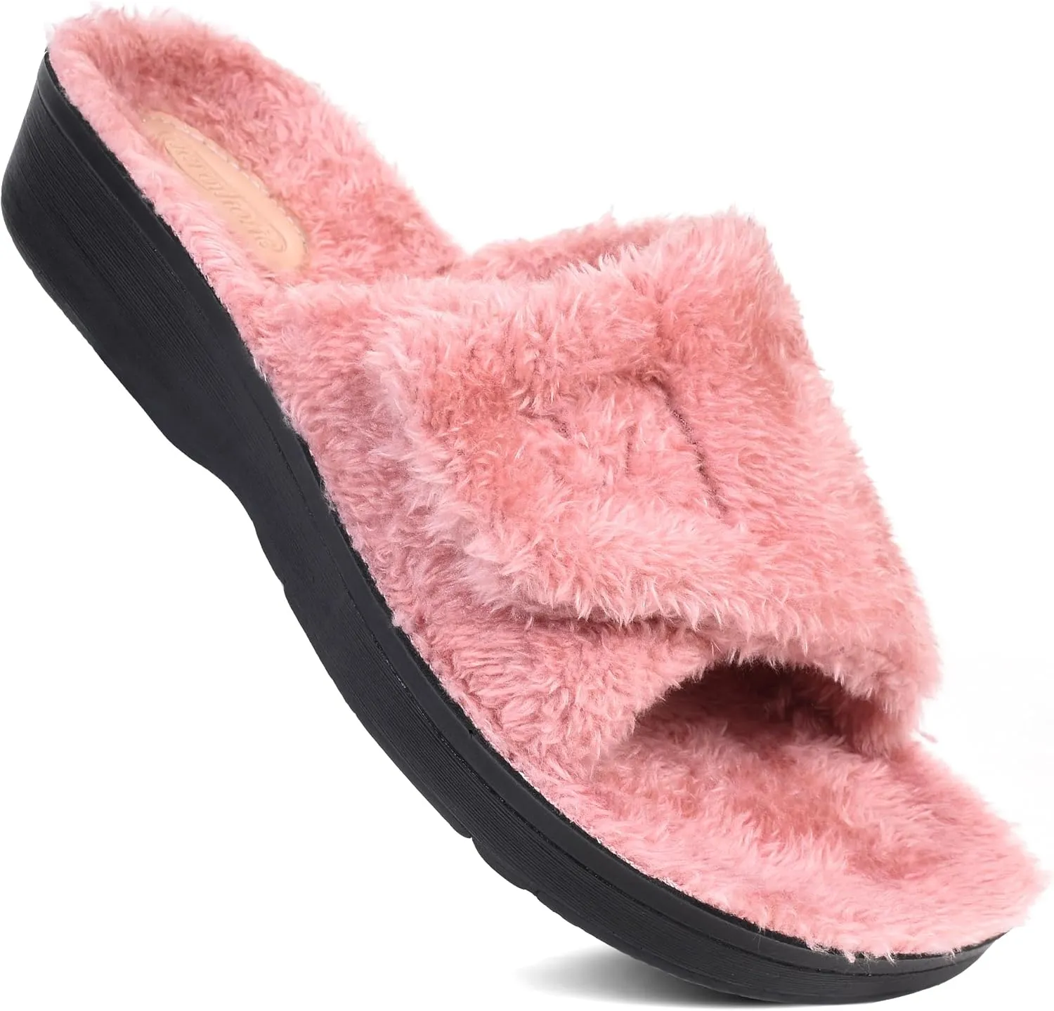 AEROTHOTIC Soft Fuzzy Slippers Outdoor and Indoor with Non-Slip Sole Stylish Straps Comfortable Womens Slippers Open Toe Home Travel Vacation Wear