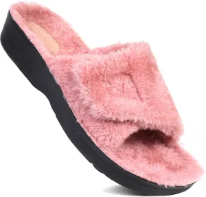 AEROTHOTIC Soft Fuzzy Slippers Outdoor and Indoor with Non-Slip Sole Stylish Straps Comfortable Womens Slippers Open Toe Home Travel Vacation Wear