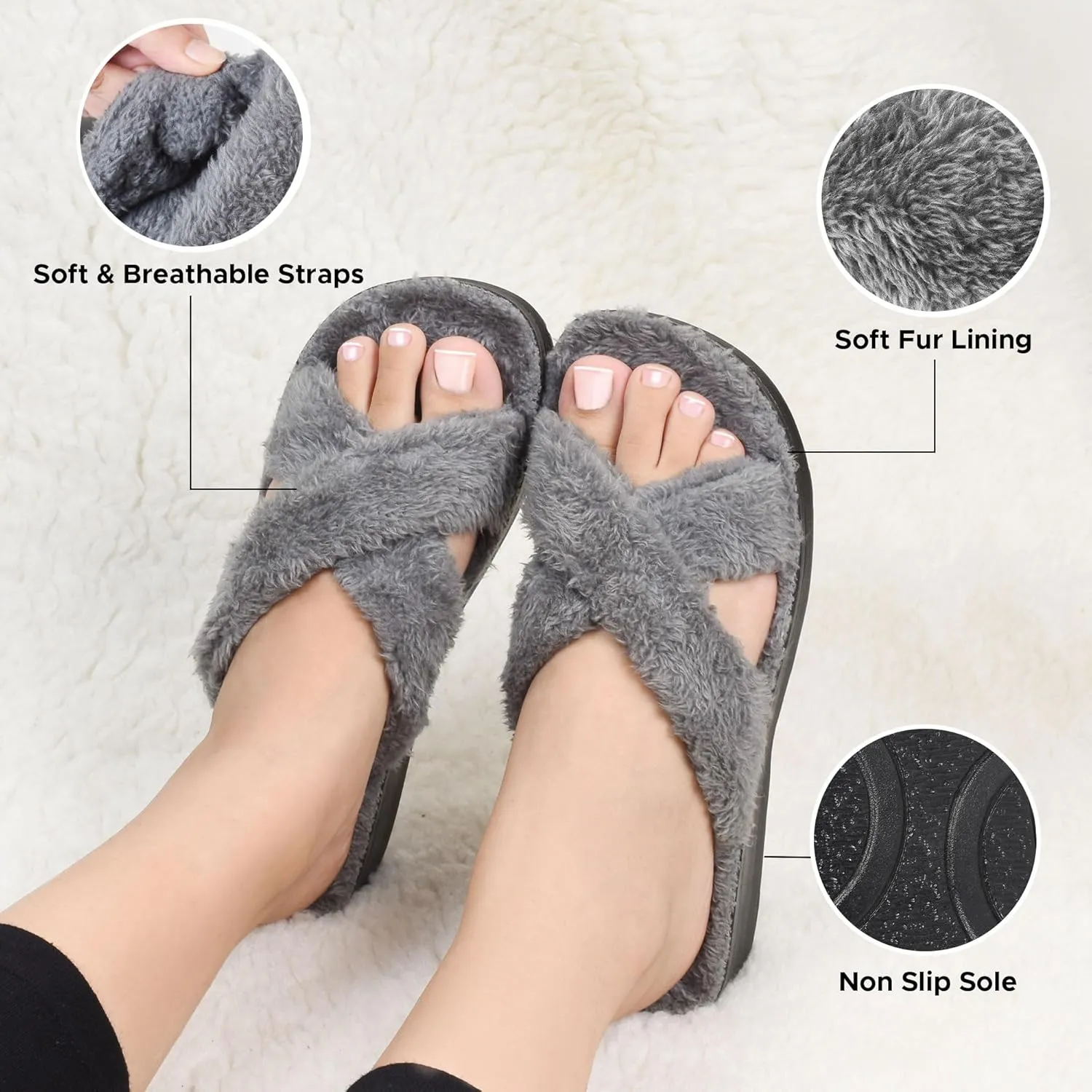 AEROTHOTIC Soft Fuzzy Slippers Outdoor and Indoor with Non-Slip Sole Stylish Straps Comfortable Womens Slippers Open Toe Home Travel Vacation Wear