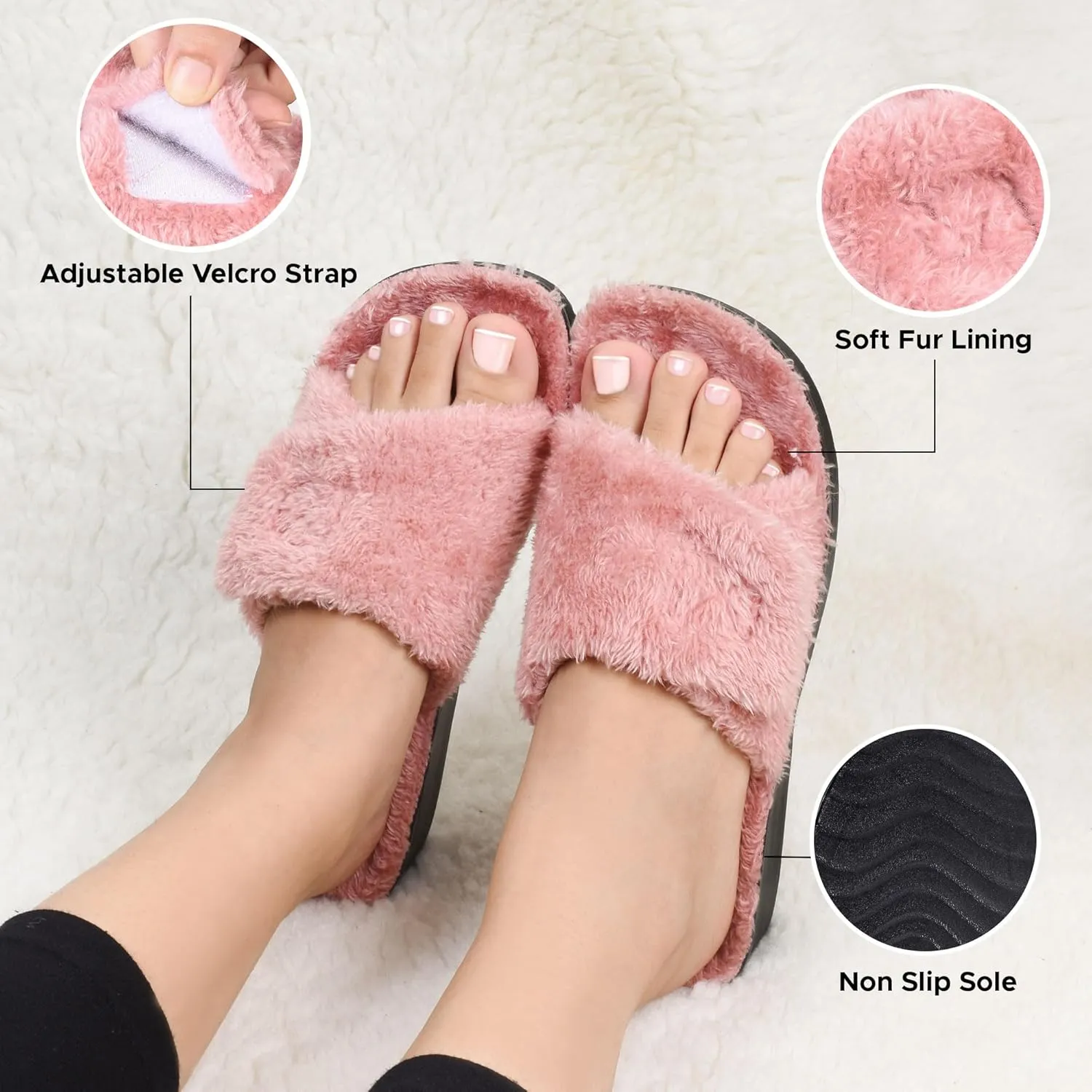 AEROTHOTIC Soft Fuzzy Slippers Outdoor and Indoor with Non-Slip Sole Stylish Straps Comfortable Womens Slippers Open Toe Home Travel Vacation Wear