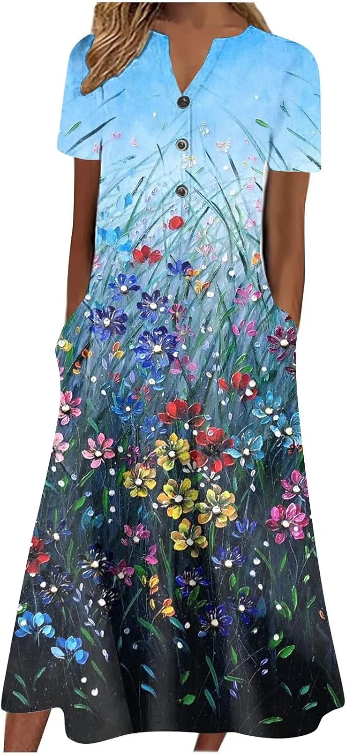Akivide Womens Short Sleeve Summer Boho Floral Maxi Dress Casual Loose Beach Dresses with Pockets