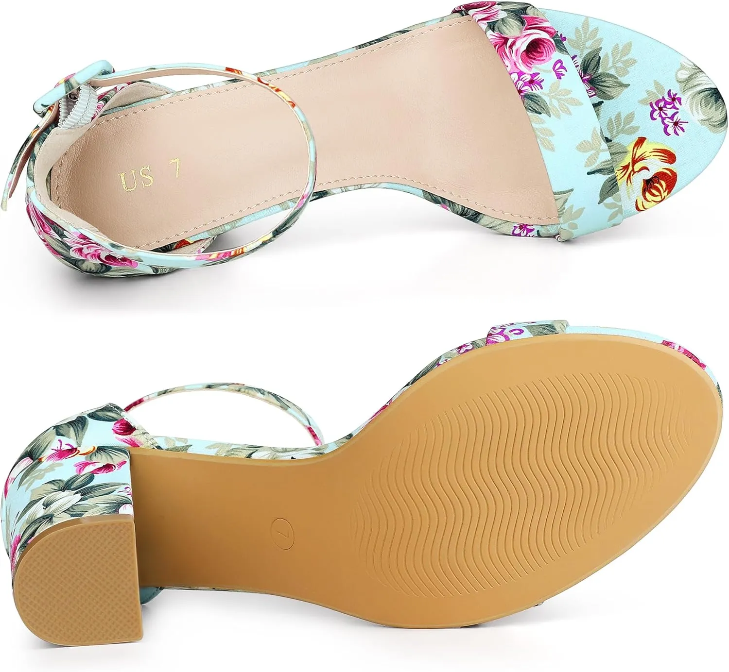 Allegra K Women's Floral Print Open Toe Block High Heels Summer Sandals