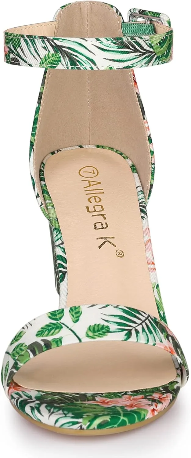 Allegra K Women's Floral Print Open Toe Block High Heels Summer Sandals