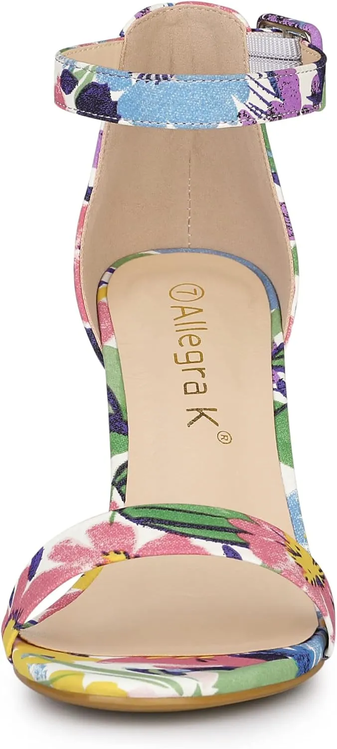 Allegra K Women's Floral Print Open Toe Block High Heels Summer Sandals