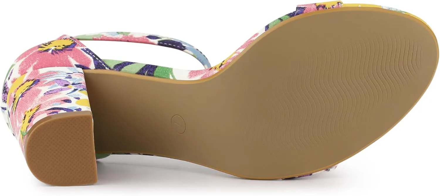 Allegra K Women's Floral Print Open Toe Block High Heels Summer Sandals