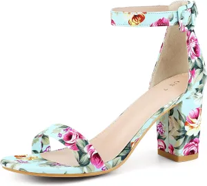 Allegra K Women's Floral Print Open Toe Block High Heels Summer Sandals