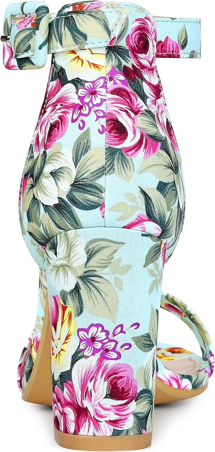 Allegra K Women's Floral Print Open Toe Block High Heels Summer Sandals