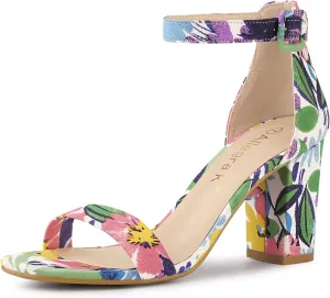 Allegra K Women's Floral Print Open Toe Block High Heels Summer Sandals