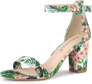 Allegra K Women's Floral Print Open Toe Block High Heels Summer Sandals