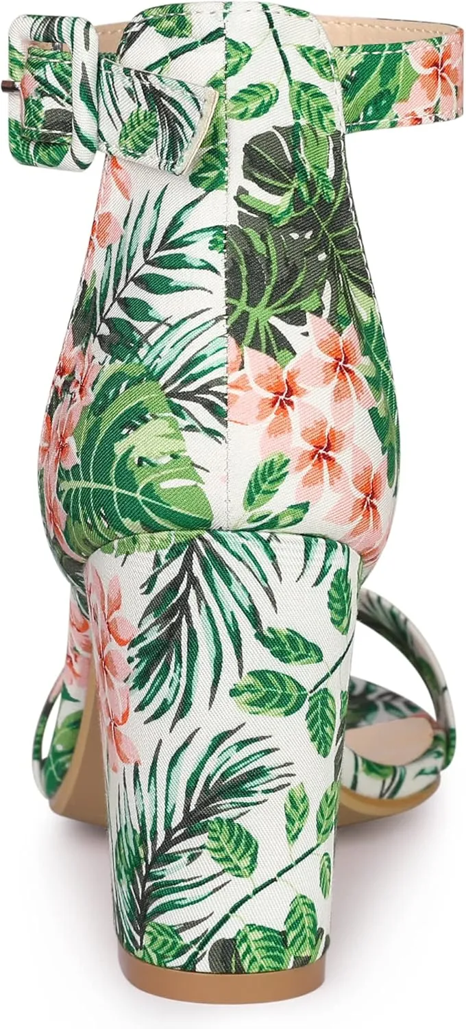 Allegra K Women's Floral Print Open Toe Block High Heels Summer Sandals