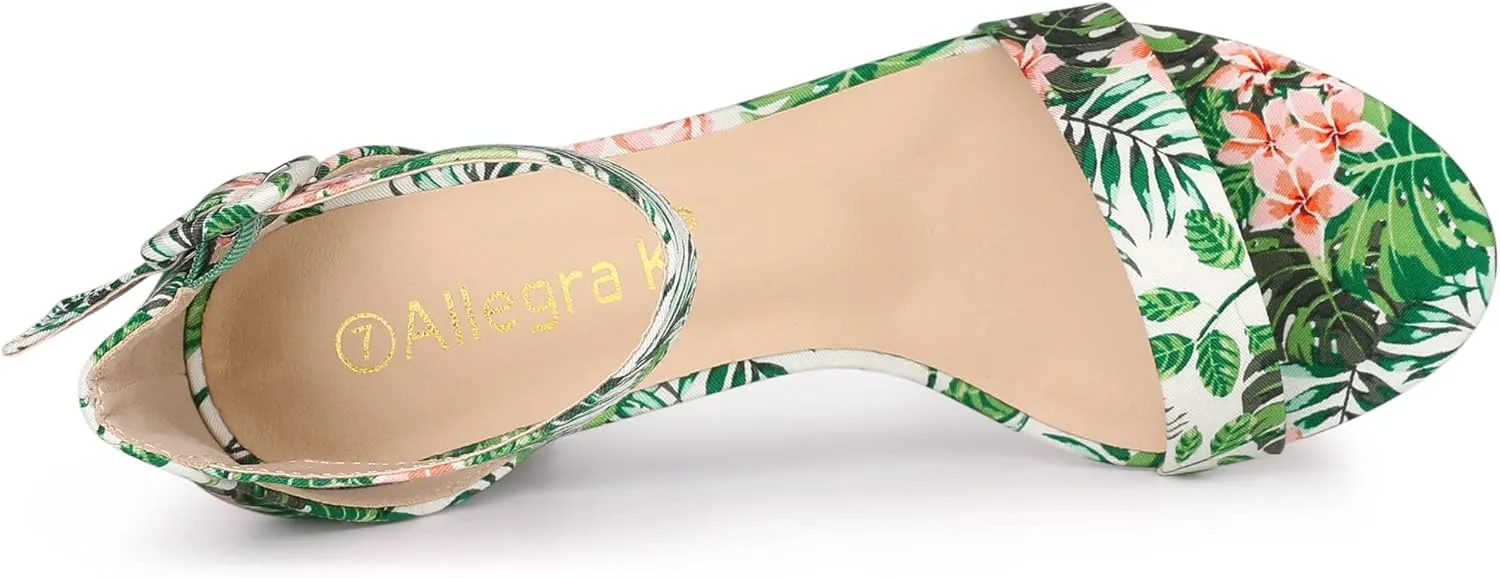Allegra K Women's Floral Print Open Toe Block High Heels Summer Sandals
