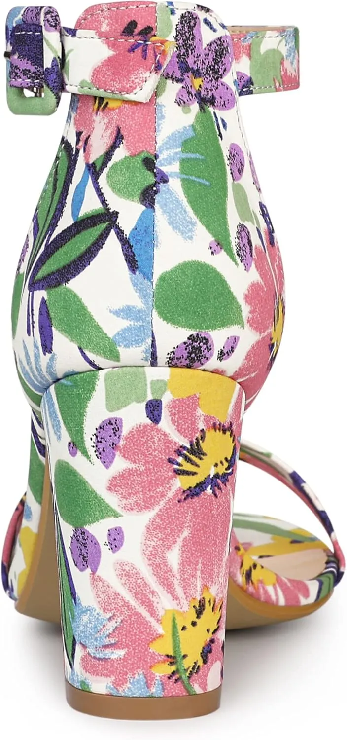 Allegra K Women's Floral Print Open Toe Block High Heels Summer Sandals