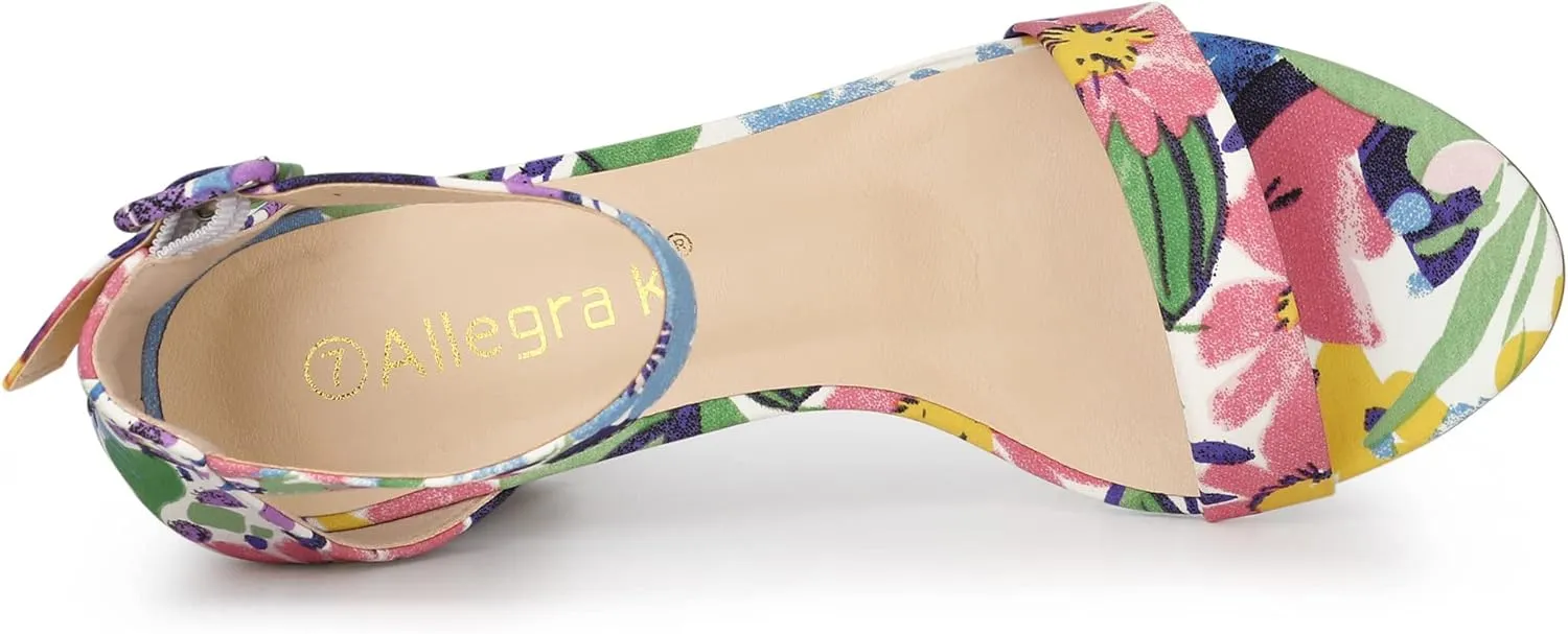 Allegra K Women's Floral Print Open Toe Block High Heels Summer Sandals