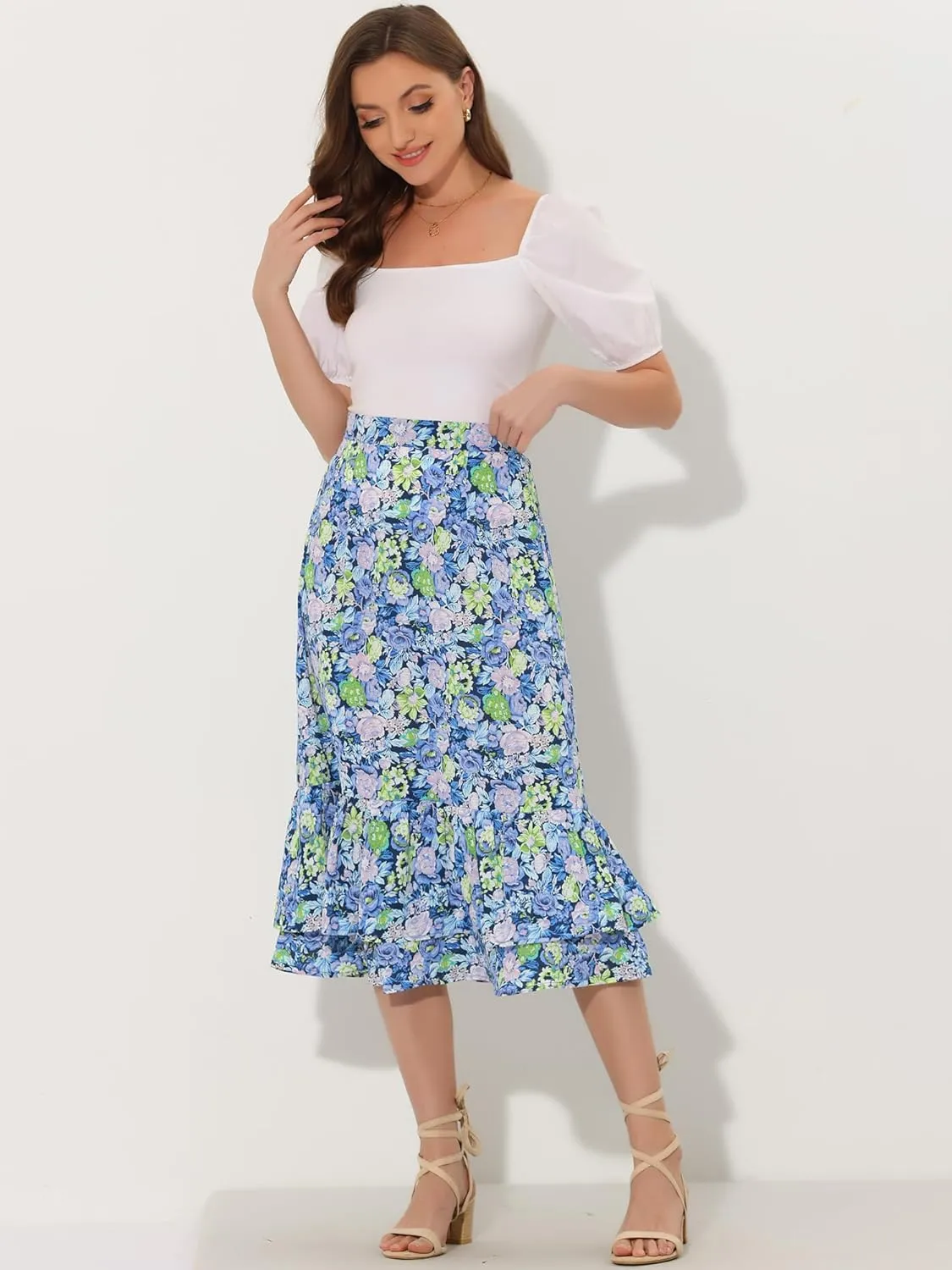 Allegra K Women's Printed Skirt 2025 Trendy Spring Summer Chiffon Elastic Ruffle Tiered Flowy Midi Skirts