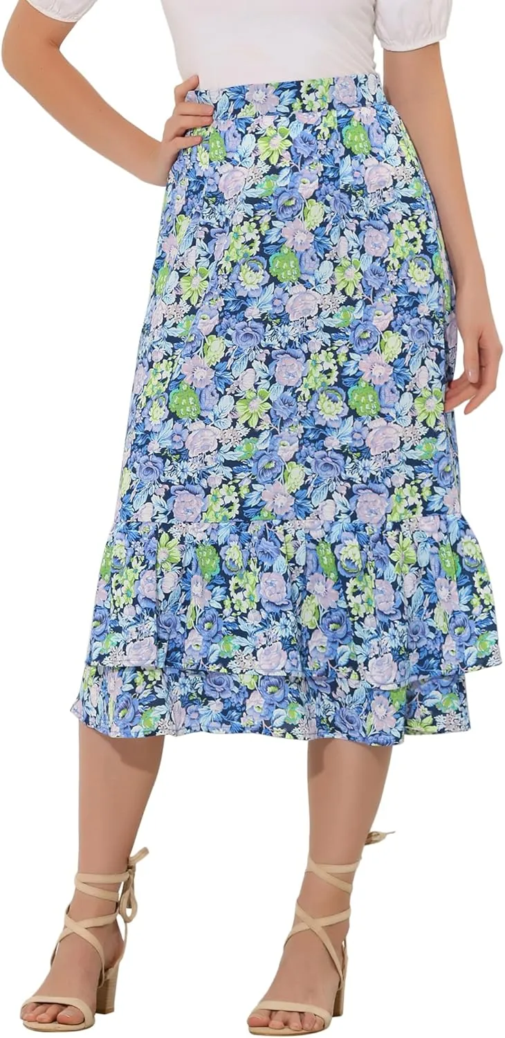 Allegra K Women's Printed Skirt 2025 Trendy Spring Summer Chiffon Elastic Ruffle Tiered Flowy Midi Skirts