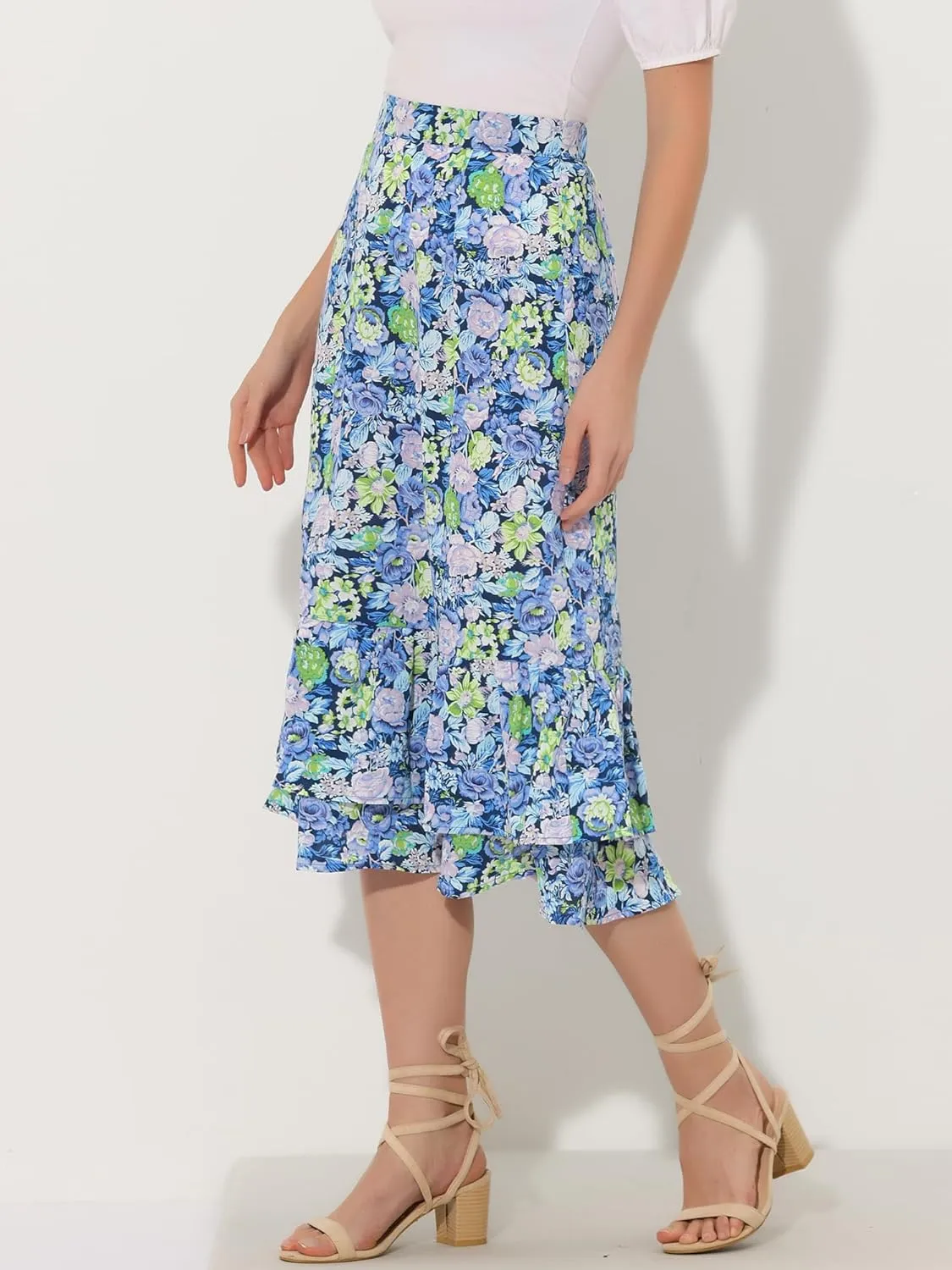 Allegra K Women's Printed Skirt 2025 Trendy Spring Summer Chiffon Elastic Ruffle Tiered Flowy Midi Skirts