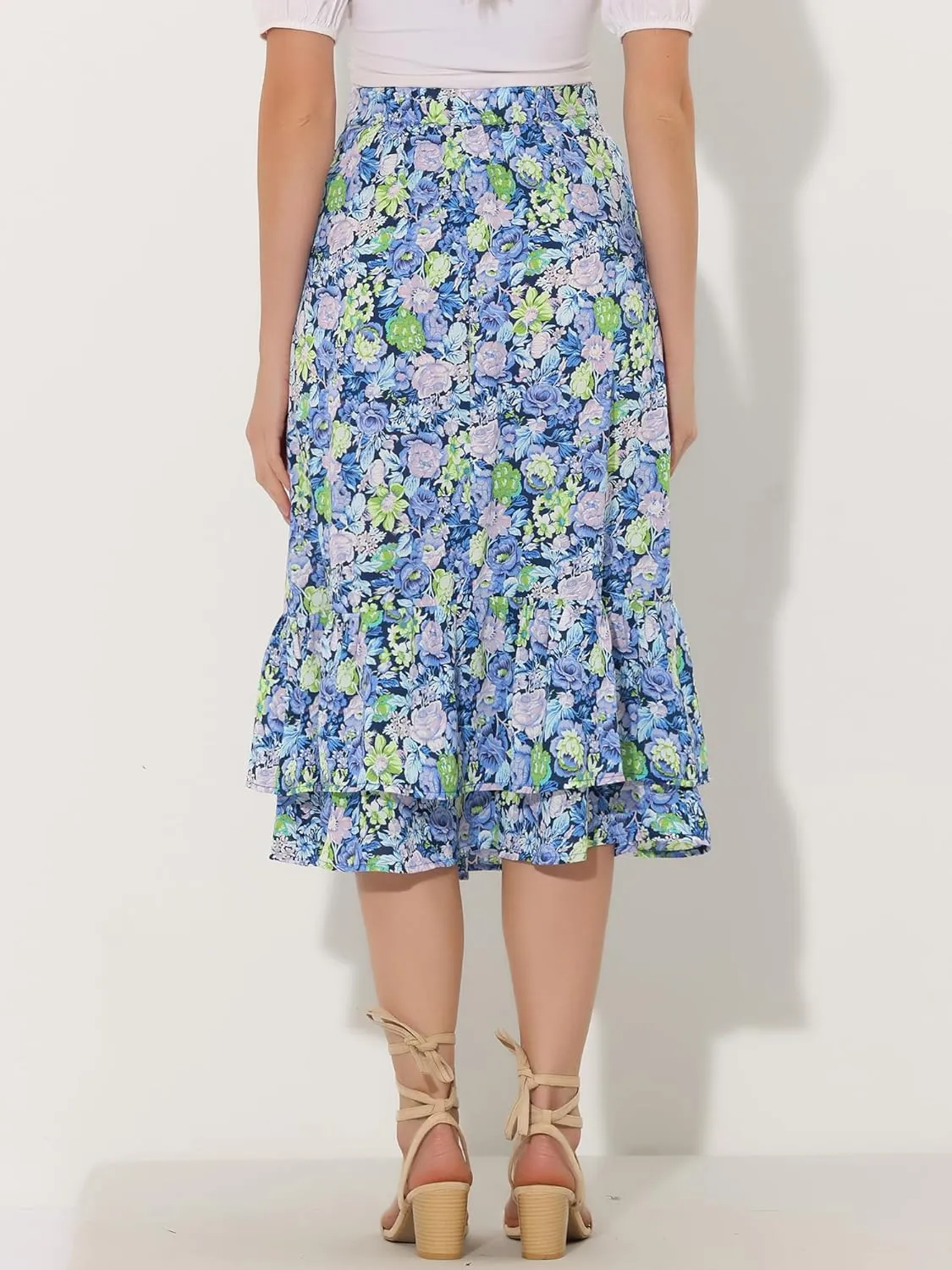 Allegra K Women's Printed Skirt 2025 Trendy Spring Summer Chiffon Elastic Ruffle Tiered Flowy Midi Skirts
