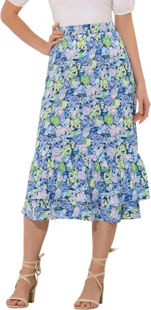 Allegra K Women's Printed Skirt 2025 Trendy Spring Summer Chiffon Elastic Ruffle Tiered Flowy Midi Skirts