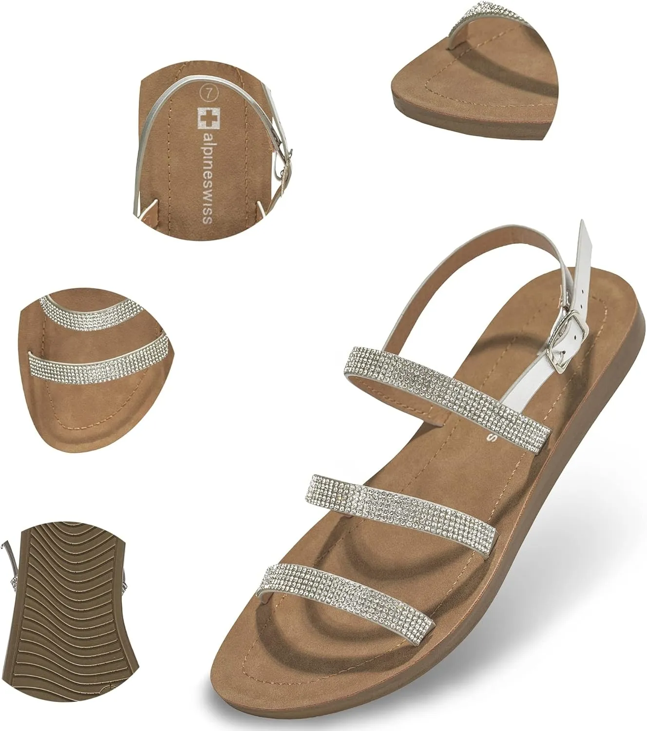 Alpine Swiss Womens Flat Strappy Rhinestone Sandals Gladiator Shoes