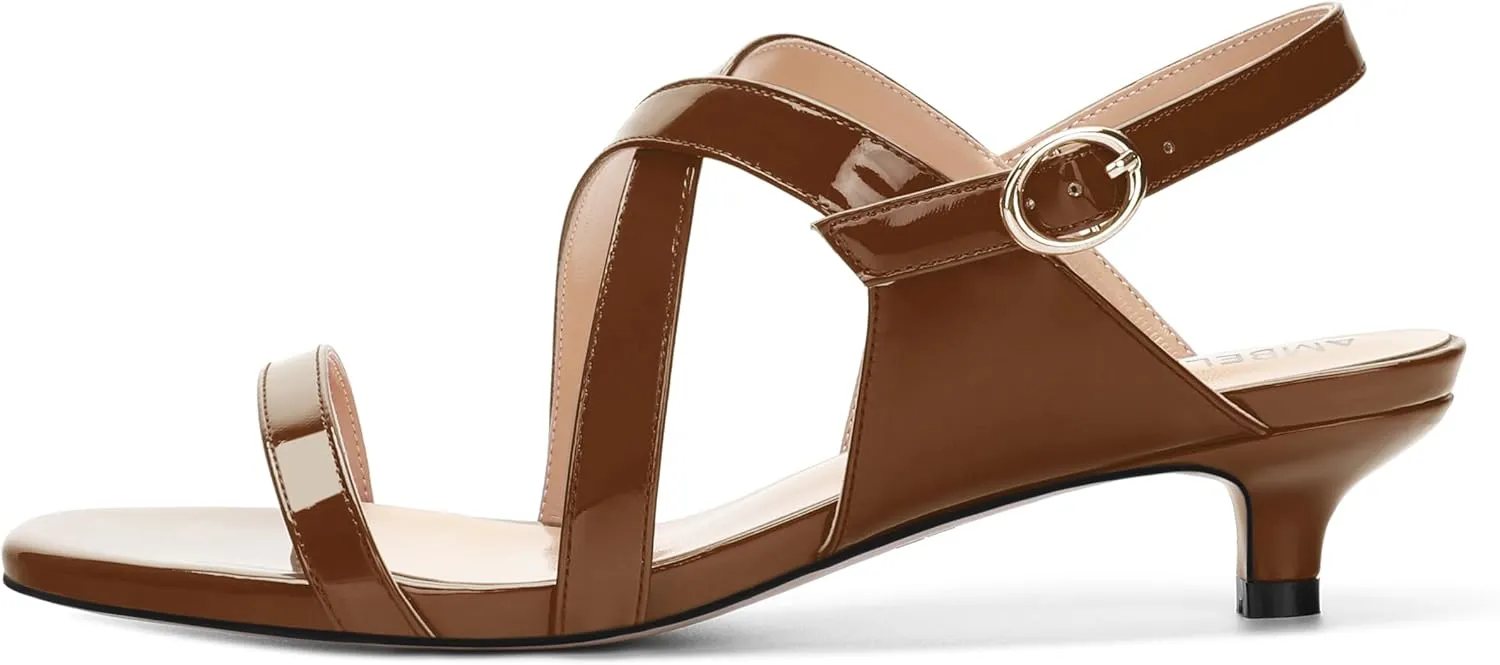 AMBELIGHT Womens Round Toe Cute Patent Open Slingback Party Buckle Kitten Low Heel Heeled Sandals 1.5 Inch