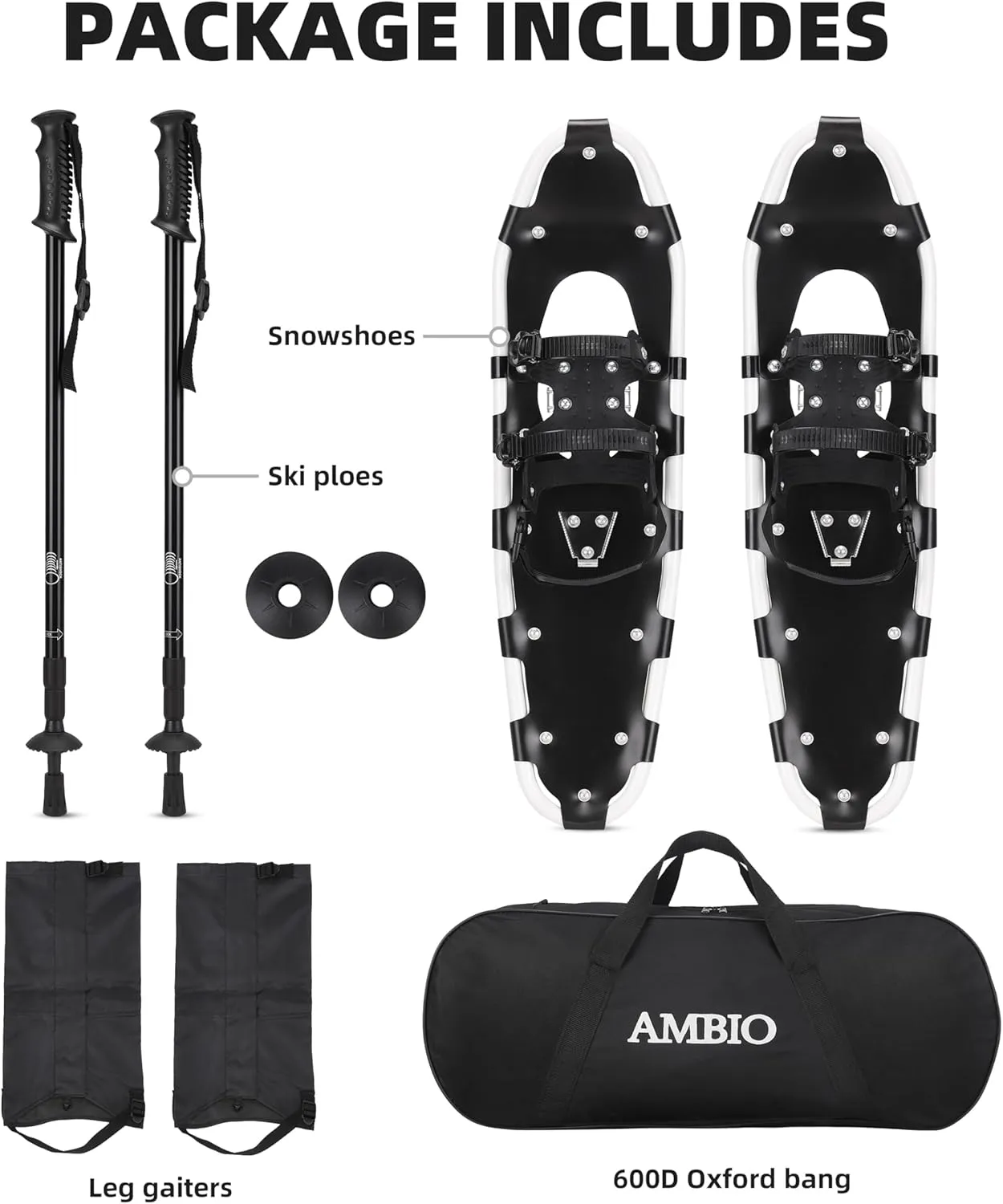 AMBIO 3 in 1 Snowshoes for Men Women Youth Kids, Light Weight Aluminum Snow Shoes with Trekking Poles and Carrying Tote Bag