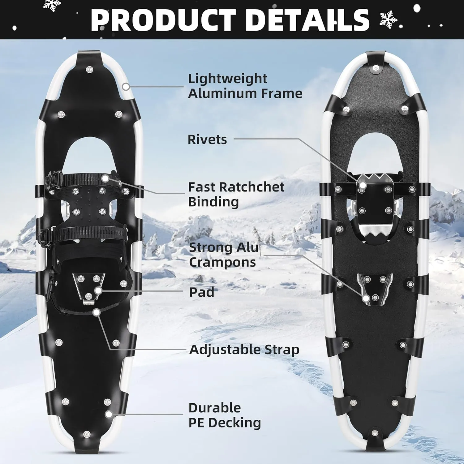AMBIO 3 in 1 Snowshoes for Men Women Youth Kids, Light Weight Aluminum Snow Shoes with Trekking Poles and Carrying Tote Bag