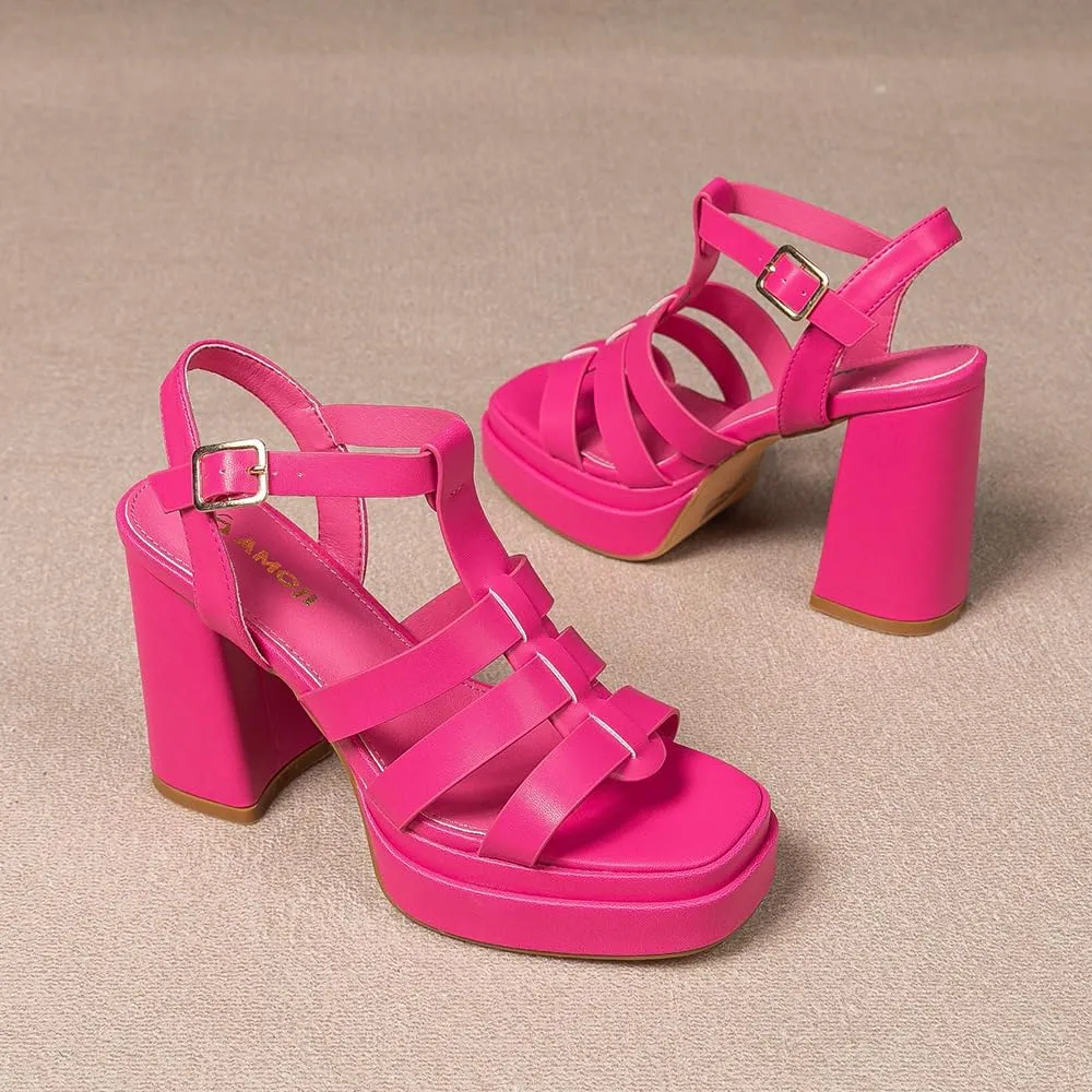 Amoji Women's 4 Inch Platform Chunky Heel Cross Straps Block Y2K Heeled Sandals 312