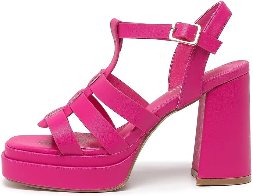 Amoji Women's 4 Inch Platform Chunky Heel Cross Straps Block Y2K Heeled Sandals 312