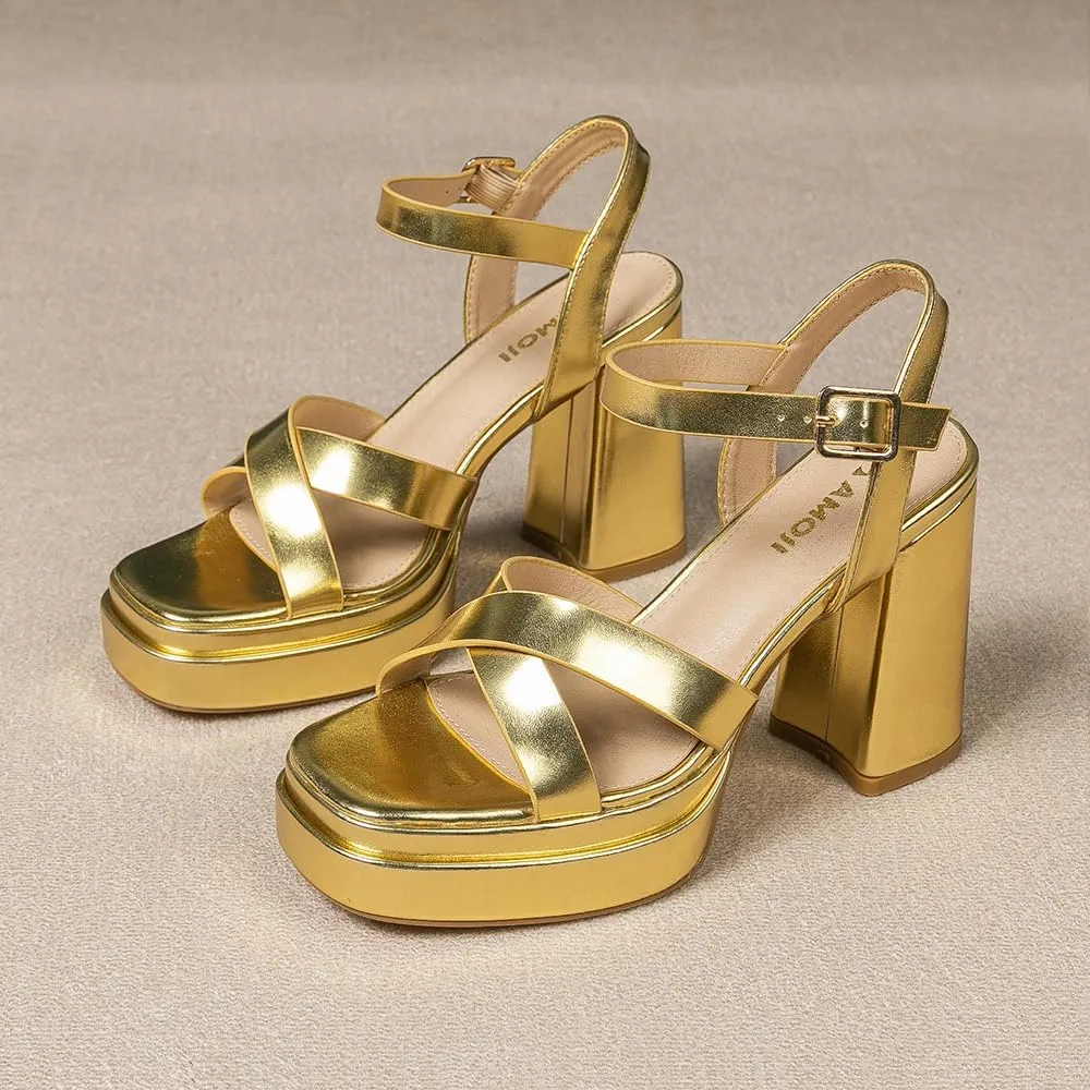 Amoji Women's 4 Inch Platform Chunky Heel Cross Straps Block Y2K Heeled Sandals 312