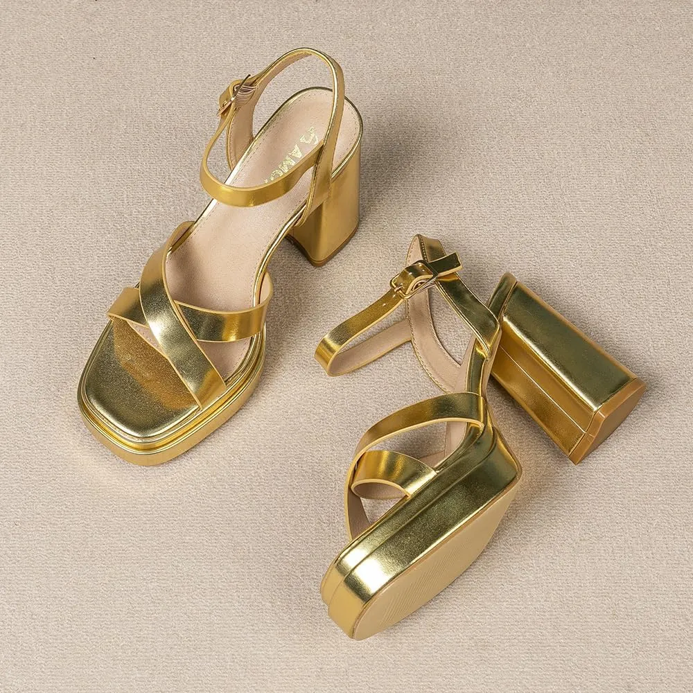 Amoji Women's 4 Inch Platform Chunky Heel Cross Straps Block Y2K Heeled Sandals 312