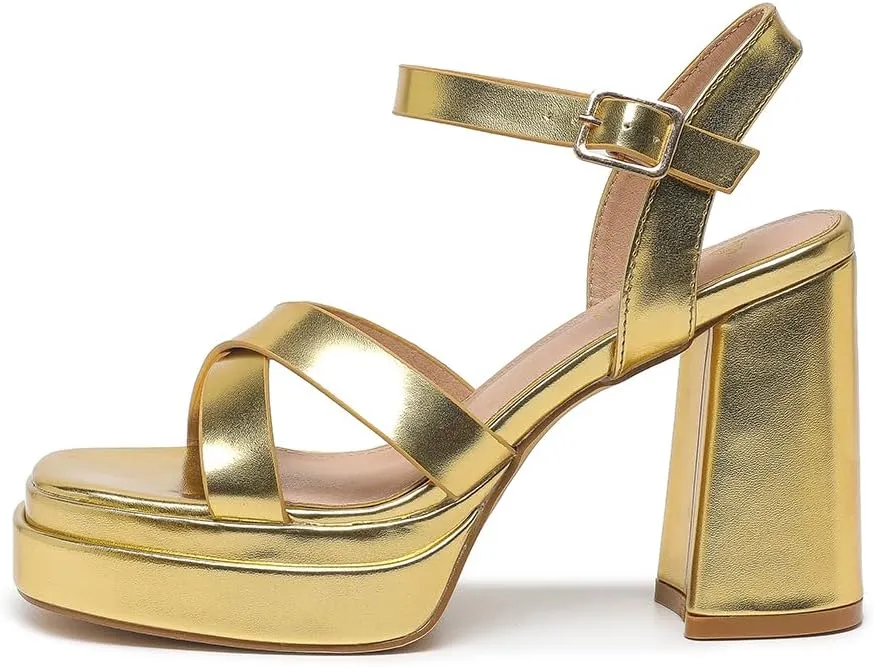 Amoji Women's 4 Inch Platform Chunky Heel Cross Straps Block Y2K Heeled Sandals 312