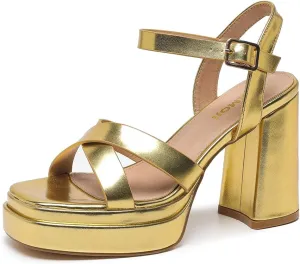 Amoji Women's 4 Inch Platform Chunky Heel Cross Straps Block Y2K Heeled Sandals 312