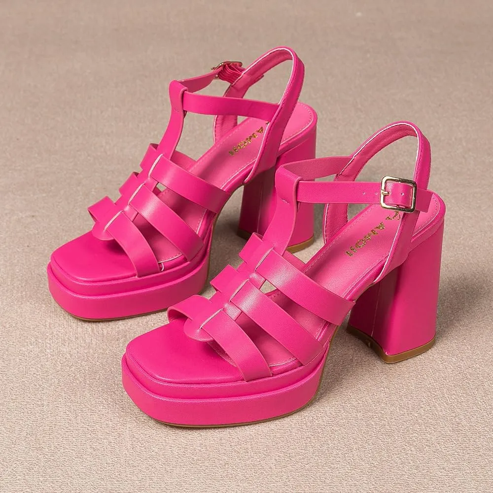 Amoji Women's 4 Inch Platform Chunky Heel Cross Straps Block Y2K Heeled Sandals 312