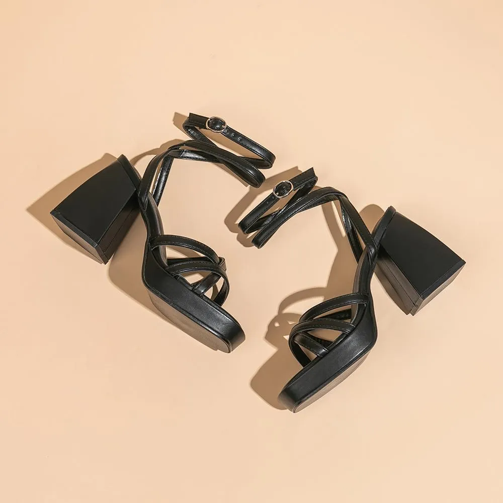 Amoji Women's 4 Inch Platform Chunky Heel Strappy Ankle Strap Block Heeled Sandals 305