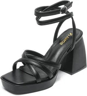 Amoji Women's 4 Inch Platform Chunky Heel Strappy Ankle Strap Block Heeled Sandals 305